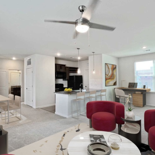 living, dining and kitchen area with ceiling fan living, dining and kitchen area with ceiling fan