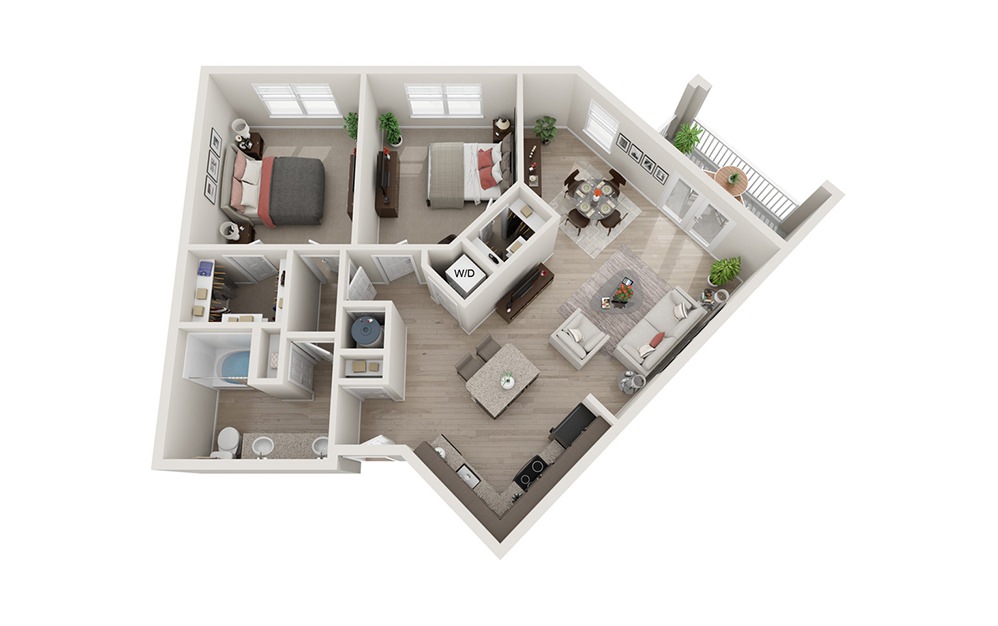 B2 - 2 bedroom floorplan layout with 1 bath and 1023 square feet.