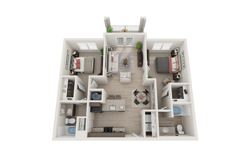 B3 - 2 bedroom floorplan layout with 2 baths and 1042 square feet.