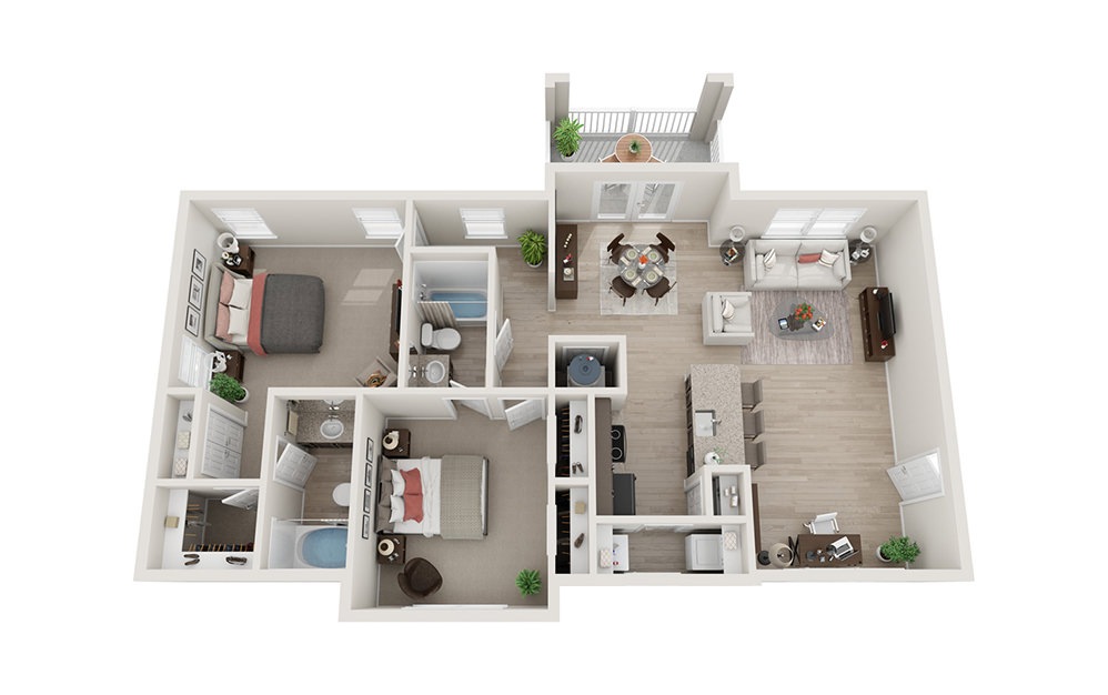 B5 - 2 bedroom floorplan layout with 2 baths and 1208 square feet.