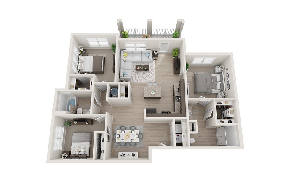 C1 - 3 bedroom floorplan layout with 2 baths and 1273 square feet.